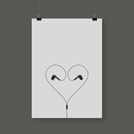 Flyer Design Earphones cord in the shape of heart. Flat design. Love Music Card. Vector illustrationのイラスト素材