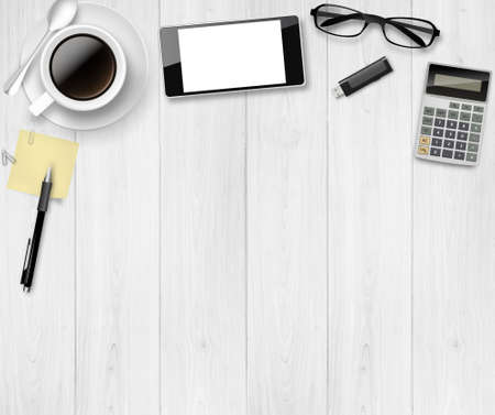 Top view of working place elements on a white tableのイラスト素材