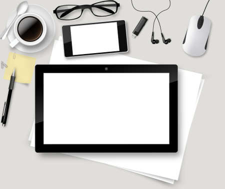 Realistic Vector Office supplies, top view of workplace.のイラスト素材