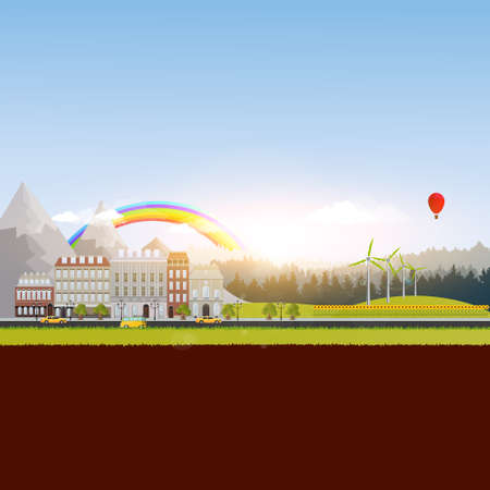 Eco Vector illustration Beautiful Landscape, City and mountains field.のイラスト素材
