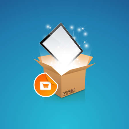 open box with the outgoing light and smart phonetablet, Vectorのイラスト素材