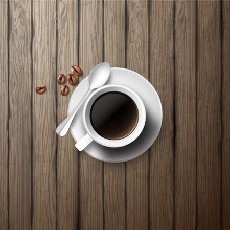 White coffee cup on wooden board, realistic vector illustration.のイラスト素材