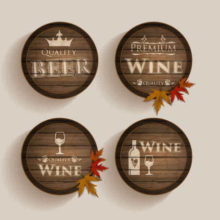 Set of wooden barrels with alcohol drinks emblems. Vector illustrationのイラスト素材