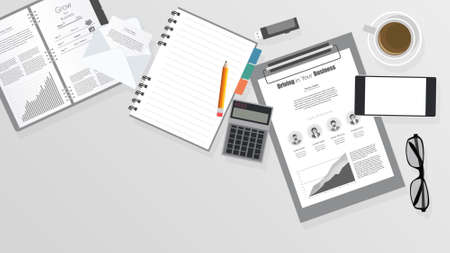 Top view of working place elements on a white tableのイラスト素材