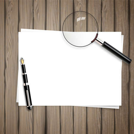 Vector background on wood table white paper, with pen and magnifying glass.のイラスト素材