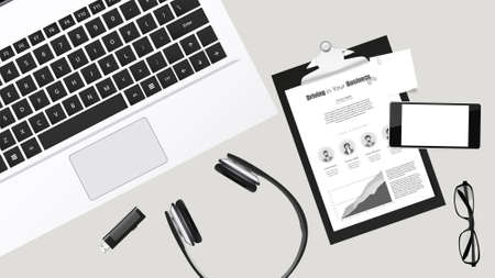 Top view of working place elements on a white tableのイラスト素材