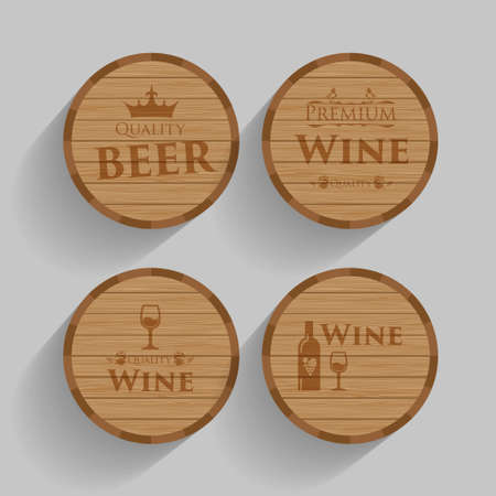 Set of wooden barrels with alcohol drinks emblems. Vector illustration Flatのイラスト素材