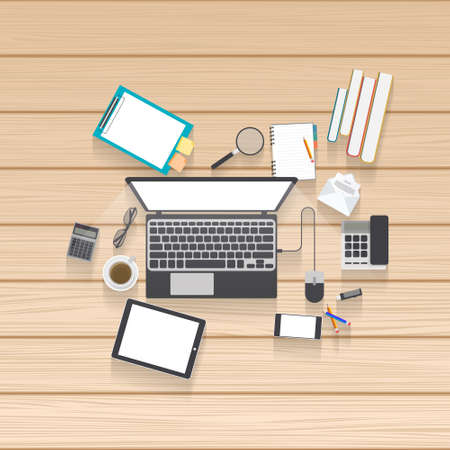 Flat Set of vector design illustration of modern business office and work space.のイラスト素材