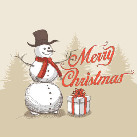 hand drawn snowman, merry christmas with letteringのイラスト素材