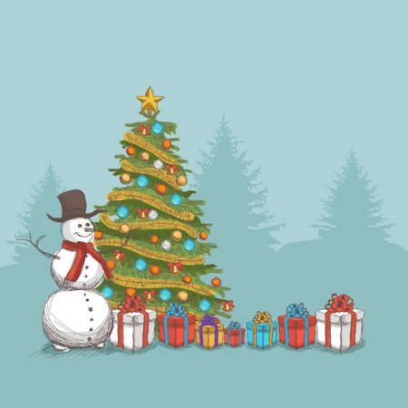 hand drawn Christmas tree and snowman, Christmas background vectorのイラスト素材