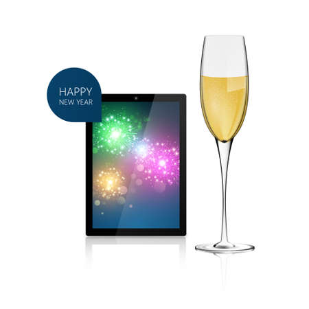 Realistic Vector of Tablet with fireworks background with Champagne glass. Happy New Year!のイラスト素材