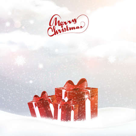 Christmas landscape background with giftbox, vector illustration のイラスト素材
