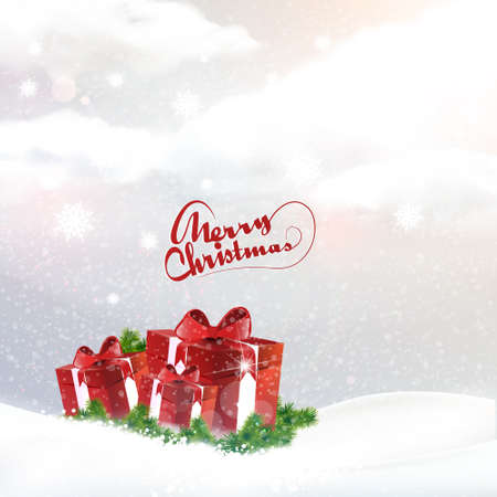 Christmas landscape background with giftbox, vector illustration のイラスト素材