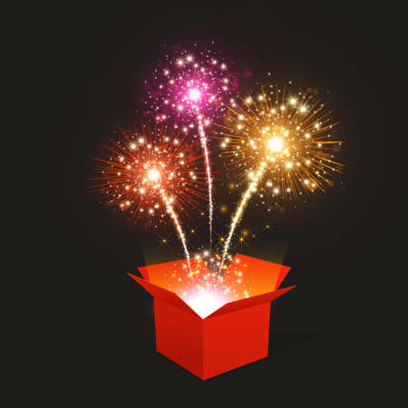 Vector Realistic illustration of open red box with the outgoing fireworks.のイラスト素材