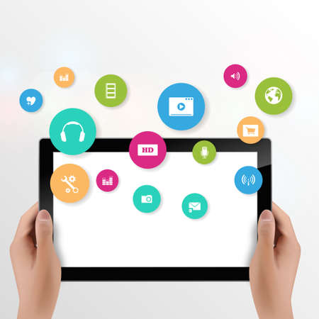 Colorful application icons and the Humane tablet in hand. Realistic illustration.のイラスト素材