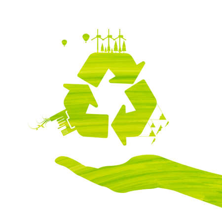 Hands and environmental recycle sign, from watercolor stains, isolated on a white background.のイラスト素材