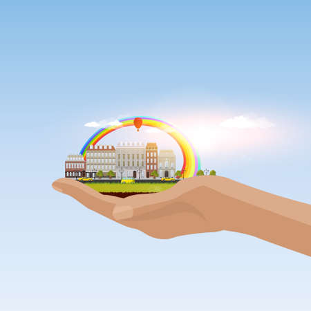 Flat style illustration of Human Hand Holding Urban Landscapeのイラスト素材