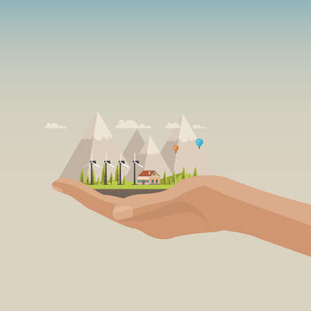Flat style illustration of Human Hand Holding Landscapeのイラスト素材