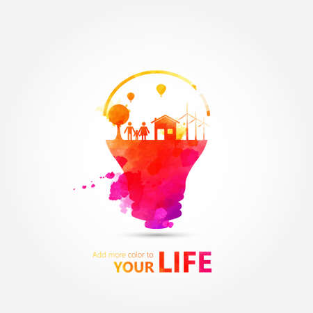 Watercolor Light bulb idea, creative ecological concepts, With Happy Family, Vector illustrationのイラスト素材