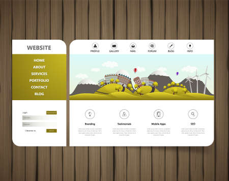 Modern Eco website template on wooden board with eco landscape illustrationのイラスト素材