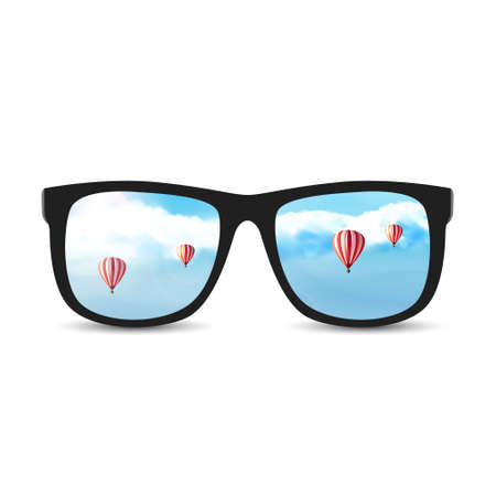 Sunglasses with blue cloudy summer sky. Vector illustration.のイラスト素材