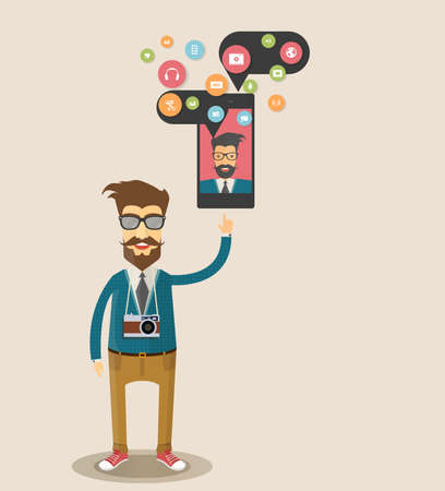 hipster man showing a blank smart phone with cloud icon illustrationのイラスト素材