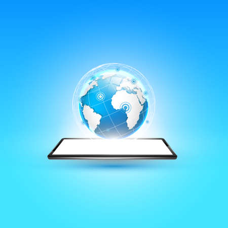 Smartphone with outgoing light and earth globe design. Vector Designのイラスト素材