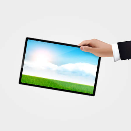 Realistic Vector, hand holding tablet pc with nature background, isolated on white backgroundのイラスト素材
