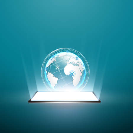 Black smartphone with white screen. Planet earth on the screen. Three-dimensional image. Rays of light from the screen. Stock Illustration.のイラスト素材
