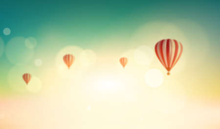 Realistic Vector, Vintage style. Blurred sunrisewith hot air balloon background with light circle. Abstract textured background blurred nature.のイラスト素材