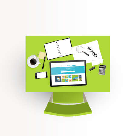 Realistic vector of Business desk, workplace design. Green desk.のイラスト素材