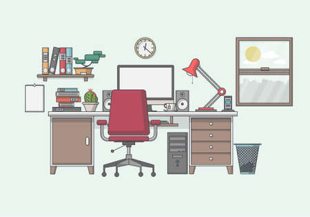 Illustration of a modern workplace in room. Creative office workspace. Flat minimalistic style. Flat design.のイラスト素材