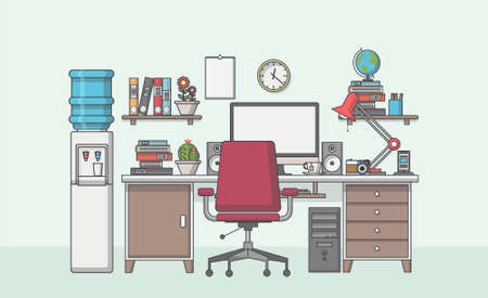 Illustration of a modern workplace in room. Creative office workspace. Flat minimalistic style.のイラスト素材