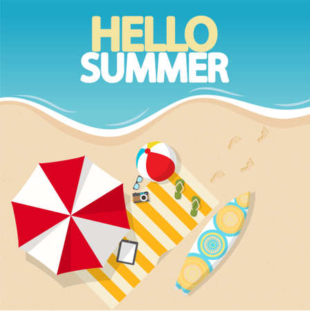 Vector beach with waves, umbrellas, towels and bright surfing boardのイラスト素材