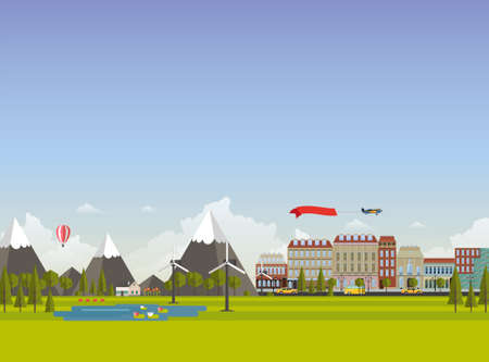 Flat design concept, vector illustration of environment, green energy and urban landscapeのイラスト素材