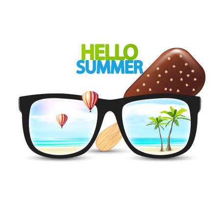 Vector Design Summer Ice Cream with Sunglasses and beach, palms and hot air balloons reflection vector illustration. Summer Vector Designのイラスト素材