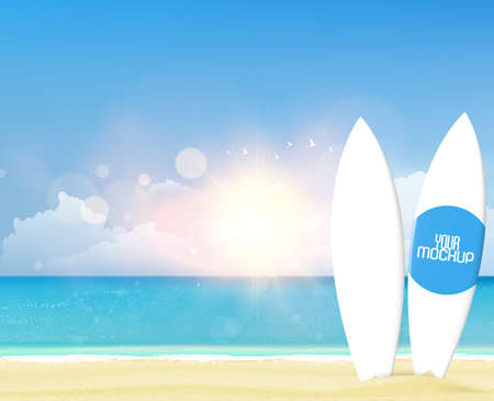 Vector summer background with white surf boards mockup. Realistic vector illustrationのイラスト素材