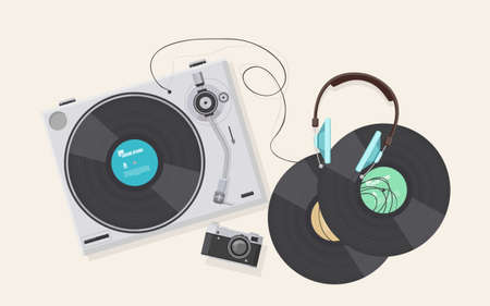 Flat illustration, Top view of retro vinyl player, turntable with headphones with retro camera.のイラスト素材