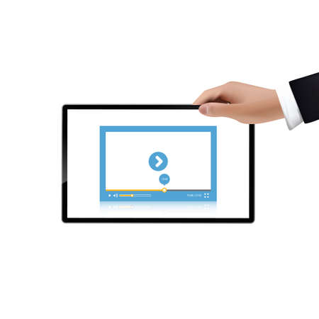 Hand holding a tablet with video player, Vector illustration.のイラスト素材