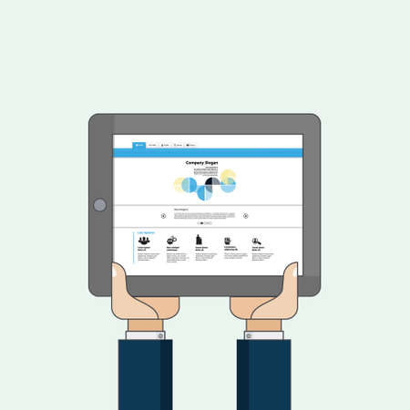 Flat design of hands with tablet computer. Vector.のイラスト素材