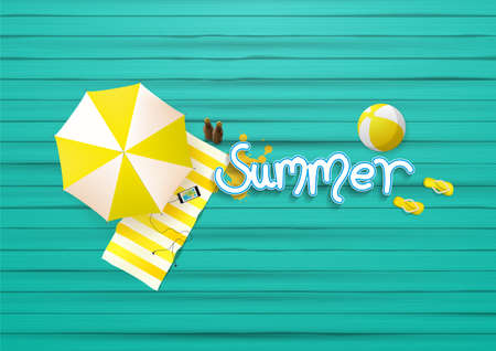 summer background, with painted wooden floor, and beach products.のイラスト素材