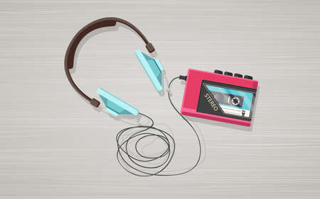 Headphones, player and compact retro cassette on wooden board. Flat top view vector illustration.のイラスト素材