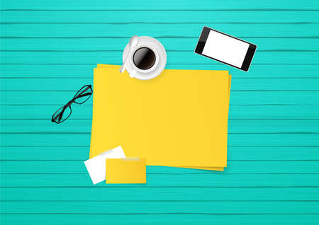 Top view illustration of business objects, painted on wooden board, realistic vector,のイラスト素材