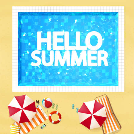 Top view of swimming pool with beach parasol and other things. Detailed Vector illustration.のイラスト素材