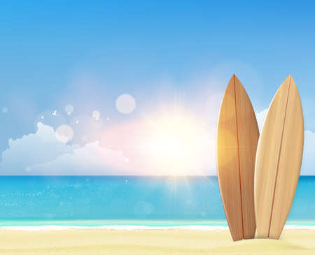 Beach background with surf boards. Photorealistic vector.のイラスト素材