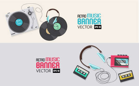 Flat illustration, banner designs Top view of retro vinyl player and casette player with headphone,のイラスト素材