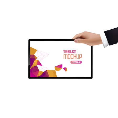 Businessman holding digital tablet, isolated background with polygons on screen.のイラスト素材