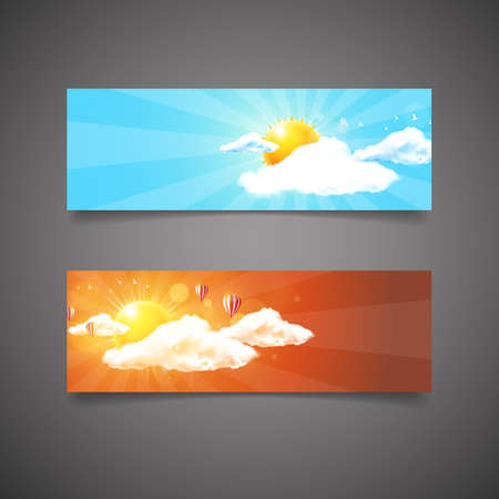 Two different header or web banner design. Sunset and sunrise with blue sky and clouds, Detailed vector illustration.のイラスト素材