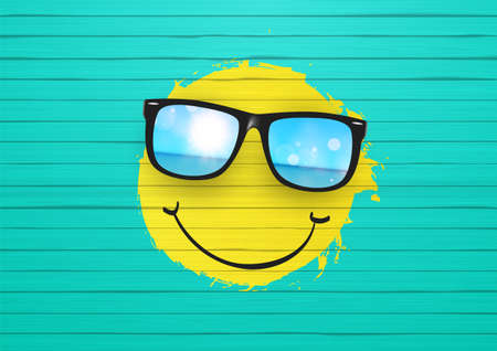 Vector Summer Design. Yellow Smiley Face painted on wooden wall, with sunglasses realistic.のイラスト素材