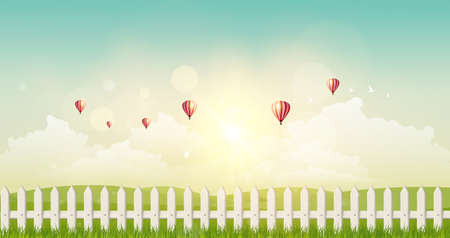 Vector Background Fantasy Landscape, Sunset and hot air ballons on cloudy sky and grass field with wooden Fance.のイラスト素材